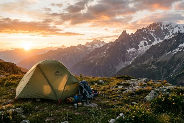 Tente de bivouac posée sur un replat de montagne au coucher du soleil