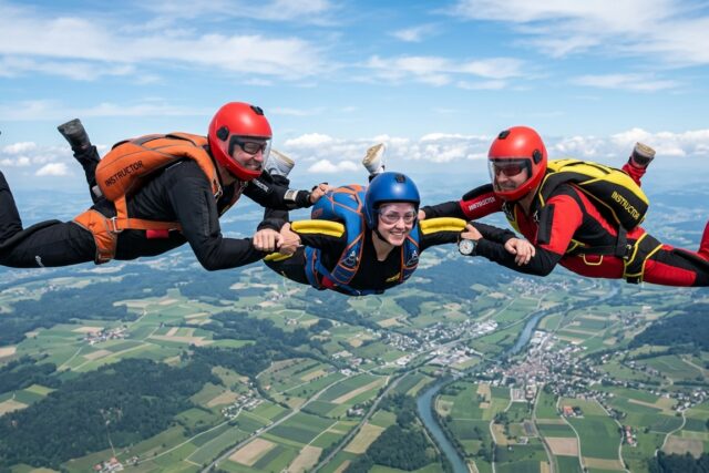 Élève parachutiste en chute libre encadré par deux moniteurs