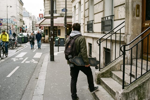 Un rider porte une planche motorisée près d’un escalier d’immeuble avant de rejoindre une piste cyclable en ville